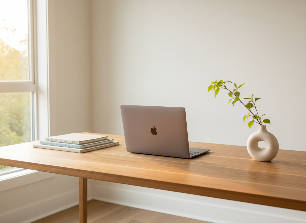An elegant, modern home office photographed in natural daylight, with a slim, silver laptop centered on a spacious birch-wood desk. On one side rests a stack of three differently textured notebooks in muted blues and creams, and on the other, a small, sculptural ceramic vase containing a single branch with delicate green leaves. Through a nearby window, soft golden hour light streams in, creating a warm glow and gentle highlights on the desk’s grain, while the wall behind is painted in a soothing off-white. The composition is clean and balanced, with plenty of negative space suggesting mental clarity and room for new perspectives. The style is realistic, calm, and professional, evoking a grounded, resource-focused approach to online psychotherapy.