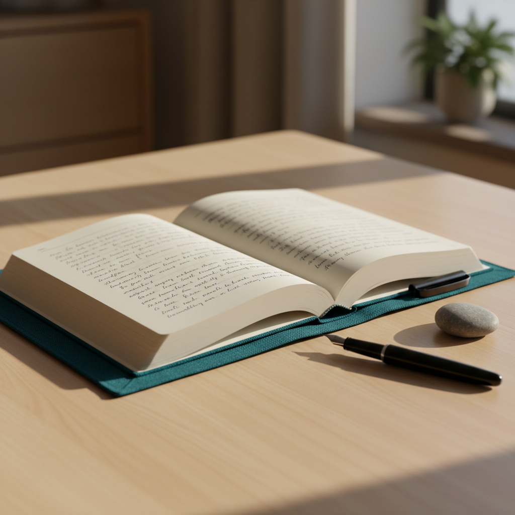 A close-up, photographic view of an open notebook on a smooth wooden table, pages filled halfway with neatly spaced, anonymous handwritten reflections, leaving ample blank space ahead. A finely textured, dark teal fabric cover peeks from beneath the pages, suggesting stability and depth. Beside the notebook lies a simple black pen and a small, rounded stone with a naturally smoothed surface. Soft morning light enters from the left, casting gentle, elongated shadows and subtle highlights along the paper’s grain. The background fades into a soft-focus hint of a cozy interior, evoking introspection and growth. Composed using the rule of thirds with a calm, minimalist aesthetic, the image conveys a sense of ongoing personal process and inner resources waiting to be discovered.