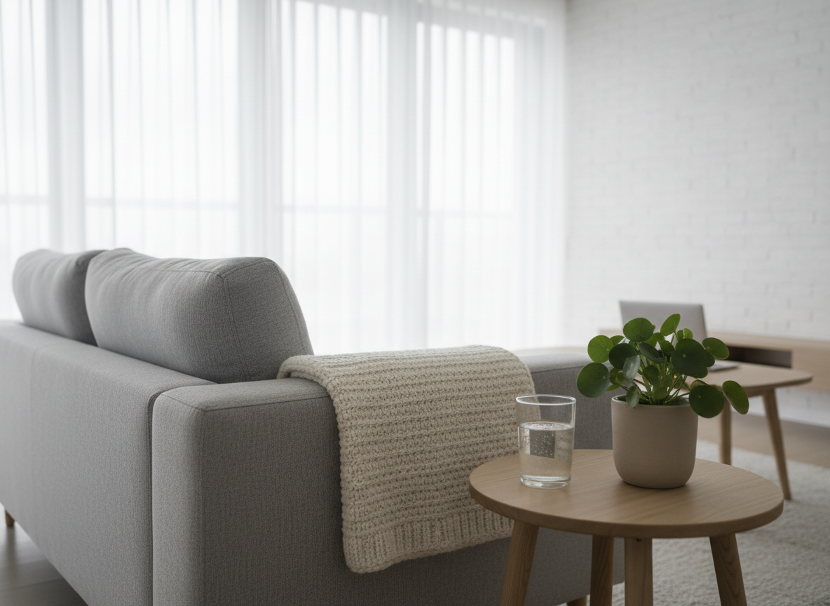 A serene corner of a contemporary living room arranged as a personal retreat for online therapy, with a low, light-gray sofa and a plush, textured throw blanket folded neatly over one arm. A round, pale wood side table holds a single glass of water with tiny condensation droplets and a small, leafy plant in a sand-colored pot. Large windows with translucent curtains allow diffused, overcast daylight to fill the space, eliminating harsh shadows and creating a gentle, enveloping brightness. In the distant background, slightly out of focus, sits a closed laptop on a console table, hinting at digital connection without dominating the scene. Photographic realism, wide-angle yet intimate framing, conveys calm reflection, safety, and grounded presence.