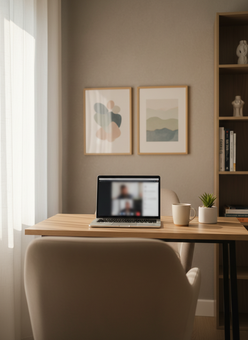 A warmly lit, uncluttered home workspace designed for online psychotherapy sessions, featuring a soft beige armchair facing an open laptop on a light oak desk. The desk holds a simple ceramic mug and a small green plant in a matte white pot, adding a touch of life. Behind, a neutral-toned wall with minimalist abstract art and a tall bookshelf with a few carefully arranged books suggests depth and reflection. Gentle afternoon daylight filters through sheer curtains, creating soft, diffused shadows and a calm, inviting mood. Photographic realism, eye-level composition, with a shallow depth of field that keeps the laptop and chair sharply in focus while the background melts into a soothing blur, emphasizing a safe, private therapeutic space.